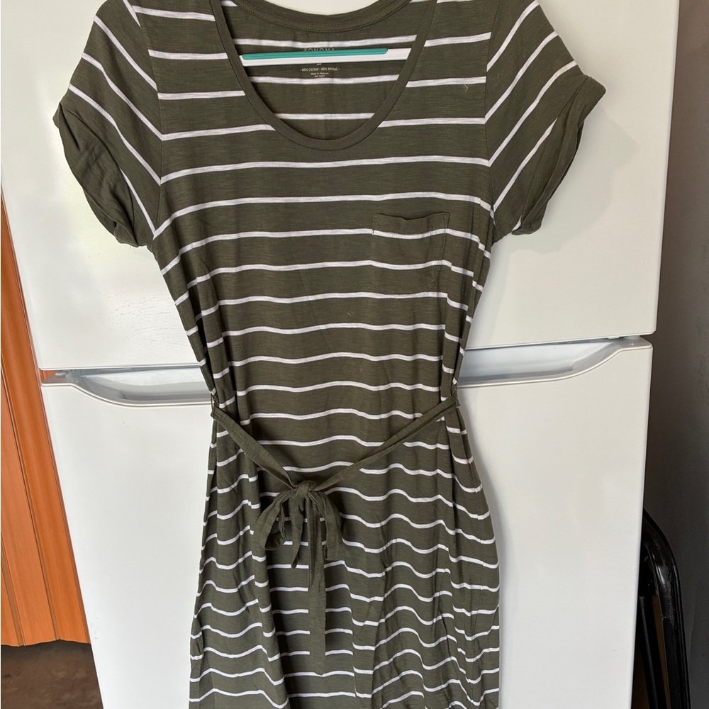 REDUCED!! Sonoma Olive Green and White Striped Midi Dress